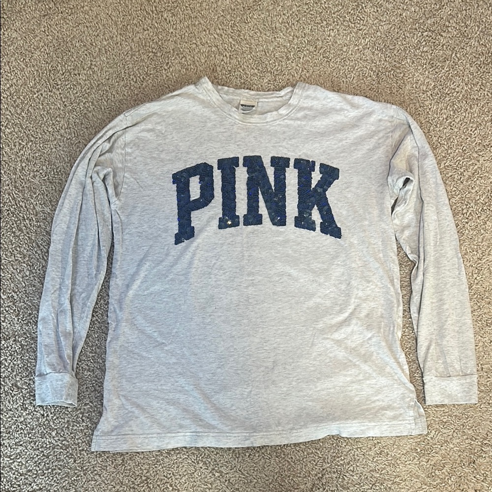 PINK Victorias Secret Grey LS Tee with Sequin Logo